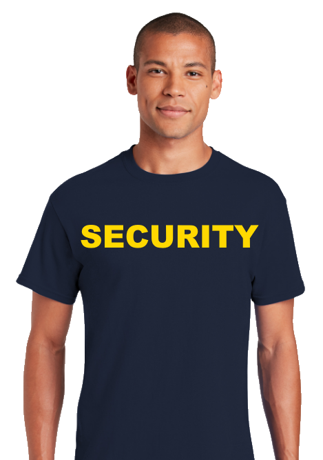 T-Shirt screen printed SECURITY yellow on navy